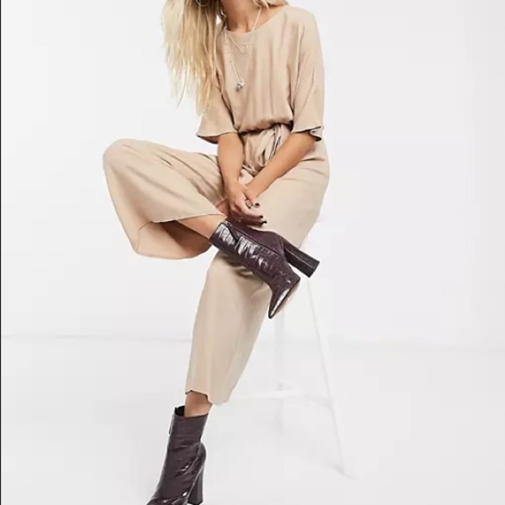 ASOS DESIGN tie waist jumpsuit in stone